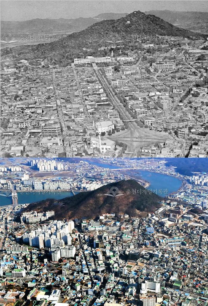 춘천의 어제와 오늘-춘천시 전경 비교 사진 이미지