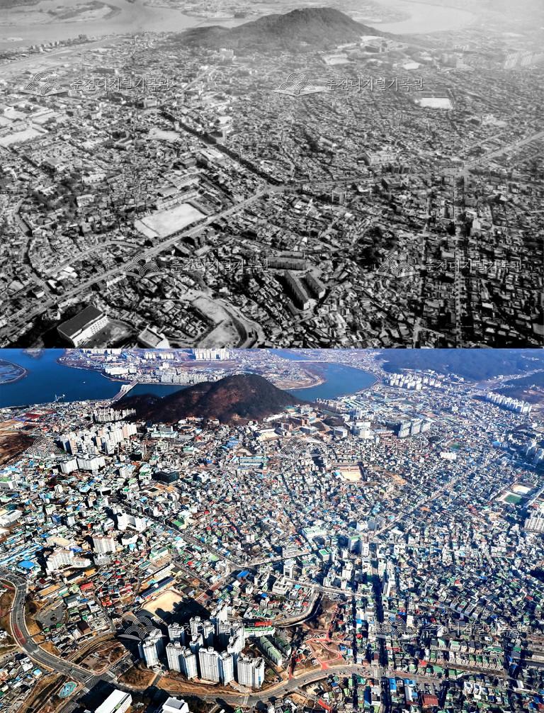 춘천의 어제와 오늘-춘천시 전경 비교 사진 이미지