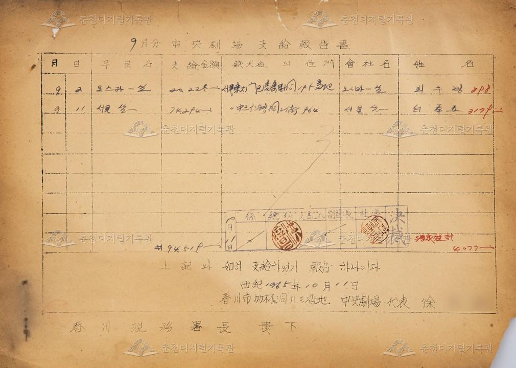 중앙극장 지급보고서(9월분) 이미지